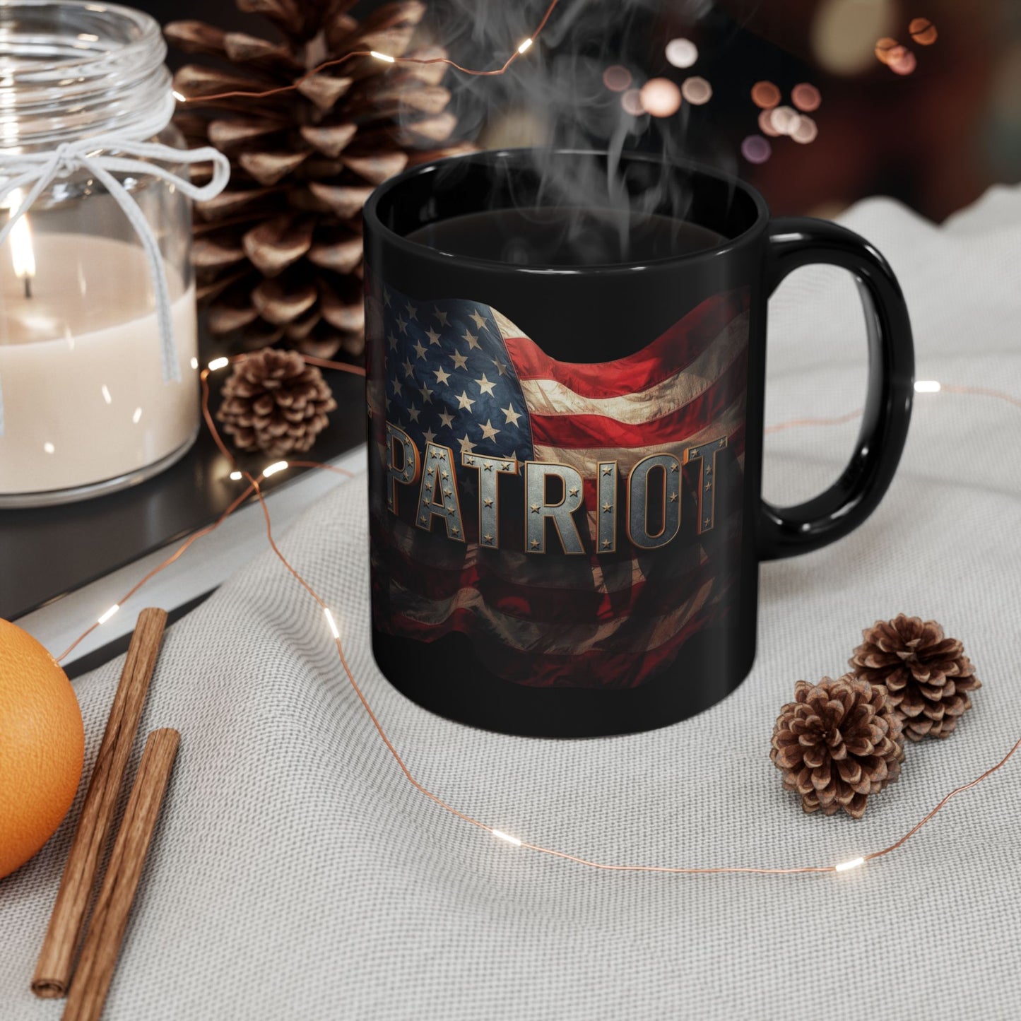 Patriot Mug - American Flag Black Ceramic Coffee Cup  11 oz & 15 oz