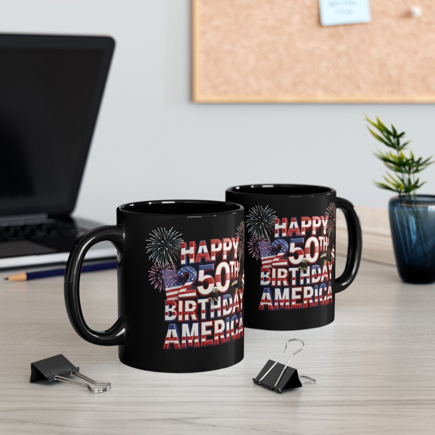 Happy 250th Birthday America Mug - Patriotic Fireworks Black Ceramic Coffee Cup  11 oz & 15 oz