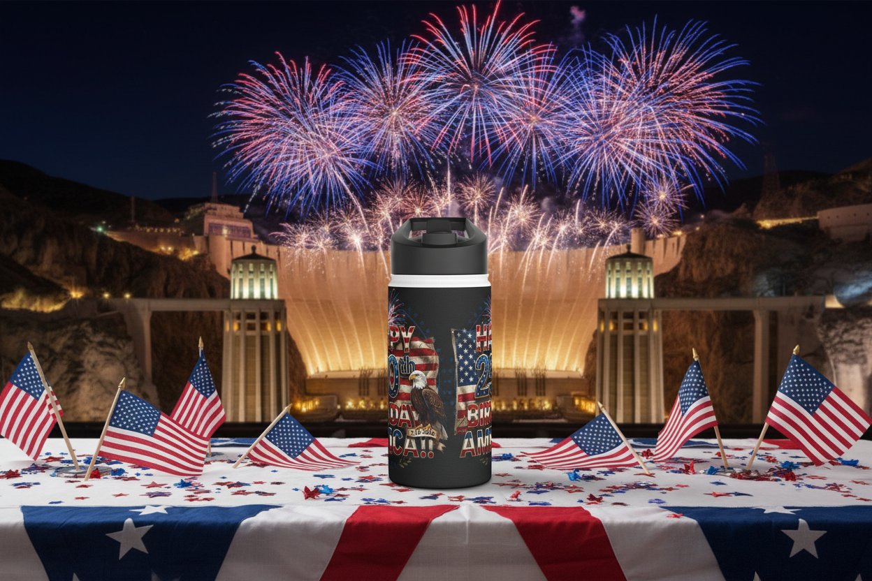 A black water bottle with the "Happy 250th Birthday America!! text design on a table with the Hoover Dam, American flags, and fireworks in the background.