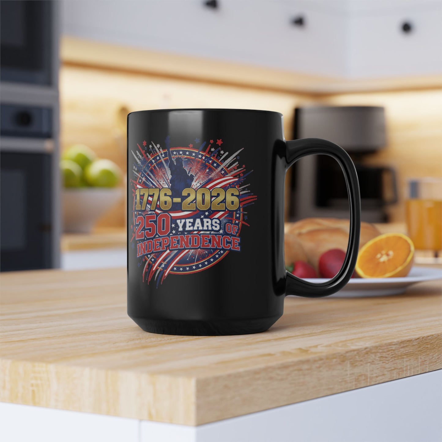250 Years of Independence Mug 1776-2026 — Patriotic Black Coffee Mug with Fireworks & Statue of Liberty