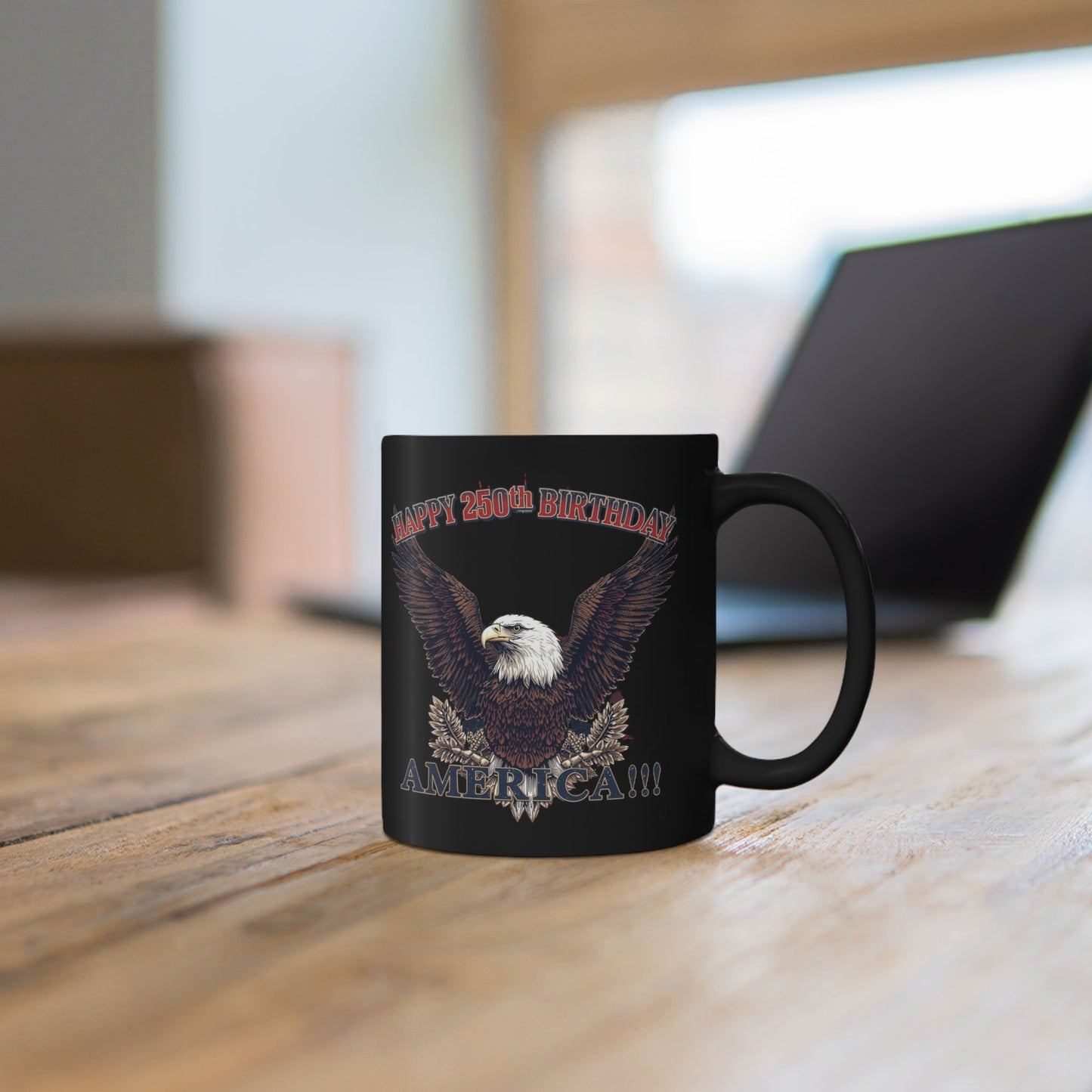 Happy 250th Birthday America Black Mug | Patriotic Eagle Coffee Cup