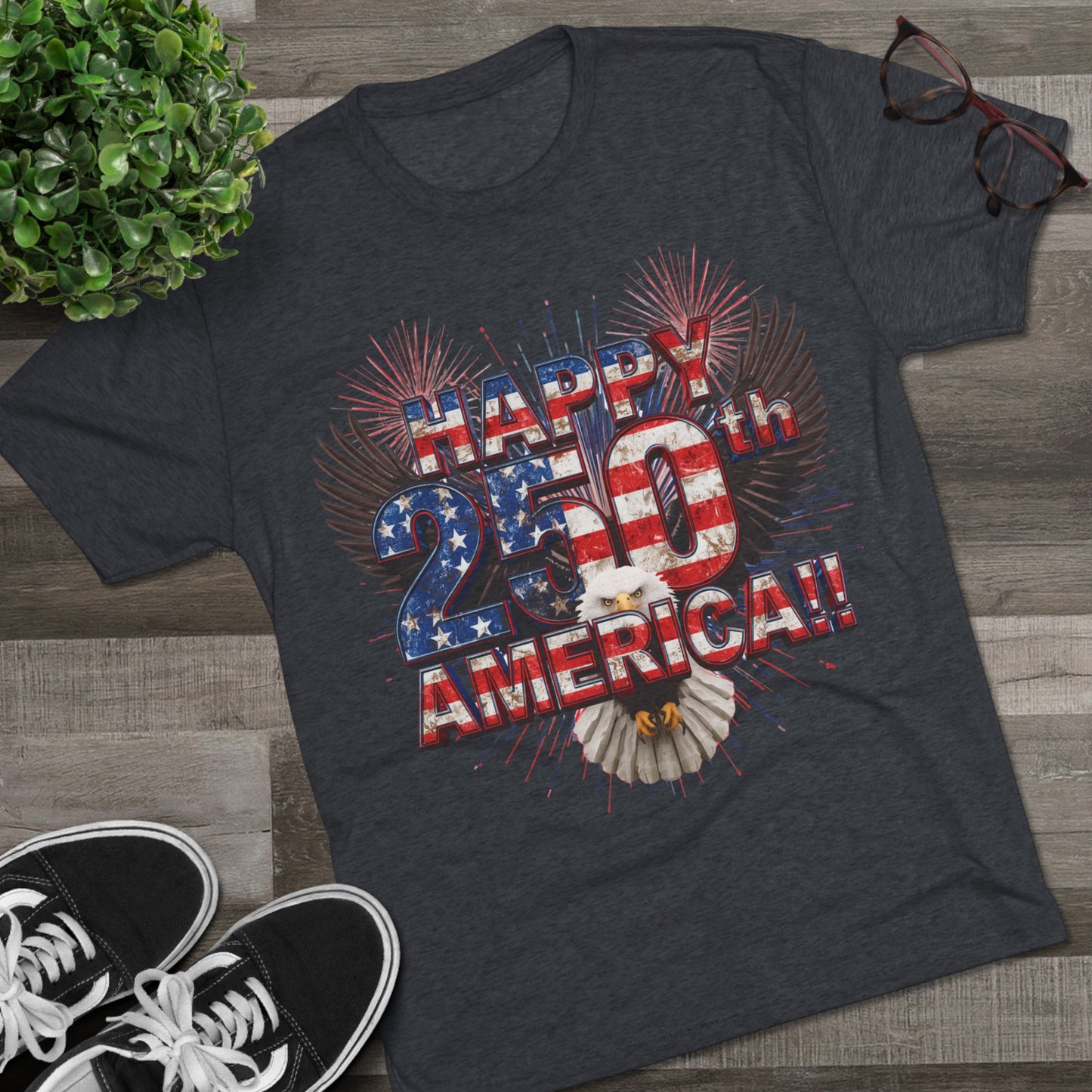 Happy 250th America T-Shirt | Patriotic Eagle Fireworks Tri-Blend Tee | July 4th 2026