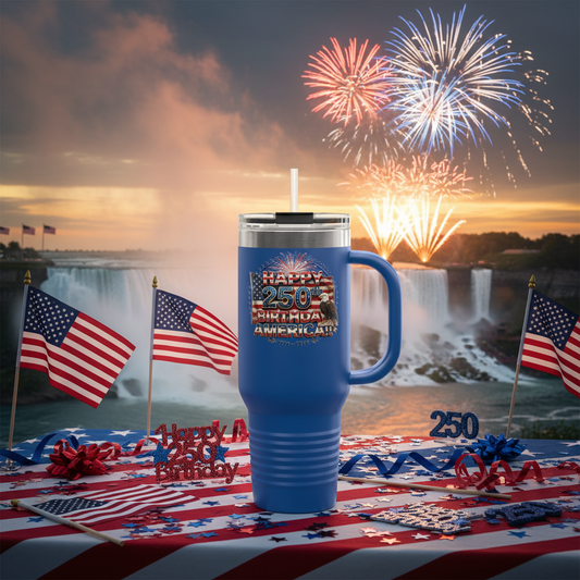 Happy 250th Birthday America Tumbler | 40oz Insulated Travel Mug | 6 Colors | 1776-2026