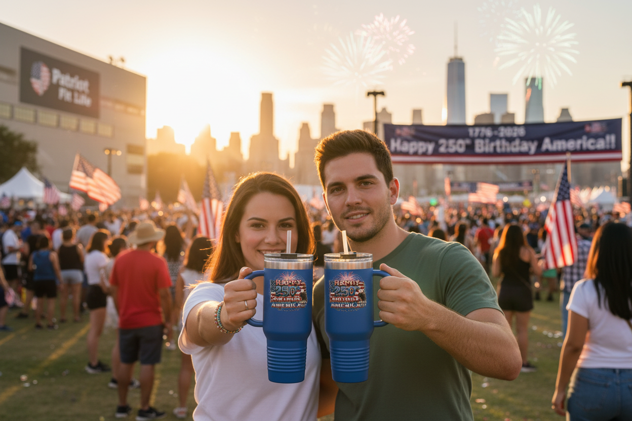 Two people holding blue tumblers that say Happy 250th Birthday America!! 1776-2026 with a New York City skyline, American flags and fireworks in the background.