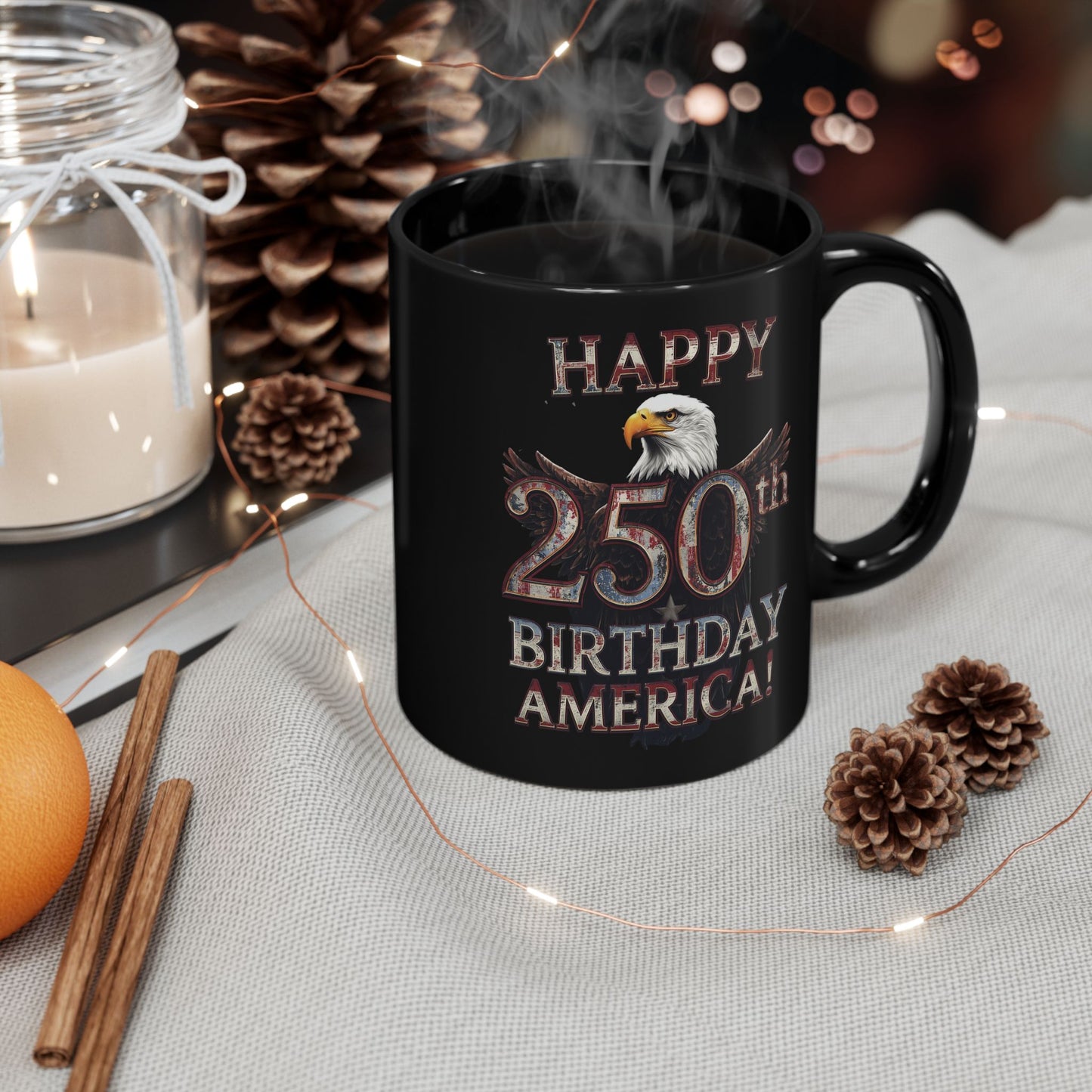 Happy 250th Birthday America Black Mug - Patriotic Eagle Coffee Cup | 11oz & 15oz