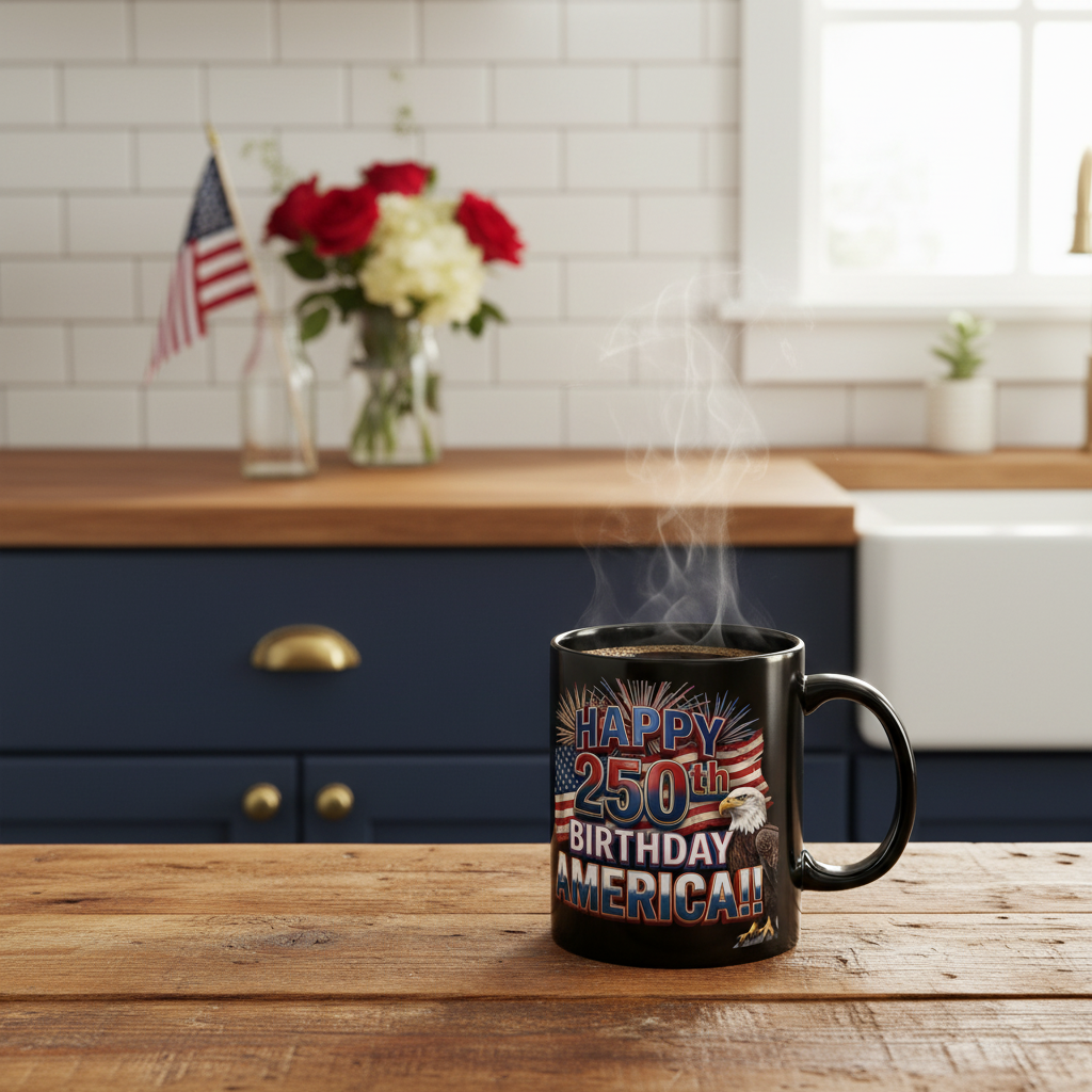 Happy 250th Birthday America Mug | Patriotic Eagle Flag & Fireworks Coffee Cup | 11oz & 15oz
