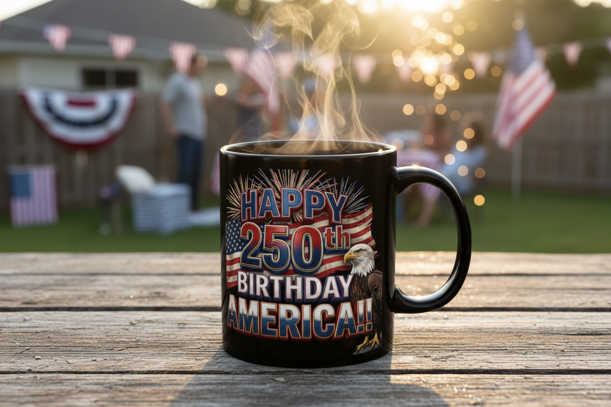 Happy 250th Birthday America Mug | Patriotic Eagle Flag & Fireworks Coffee Cup | 11oz & 15oz