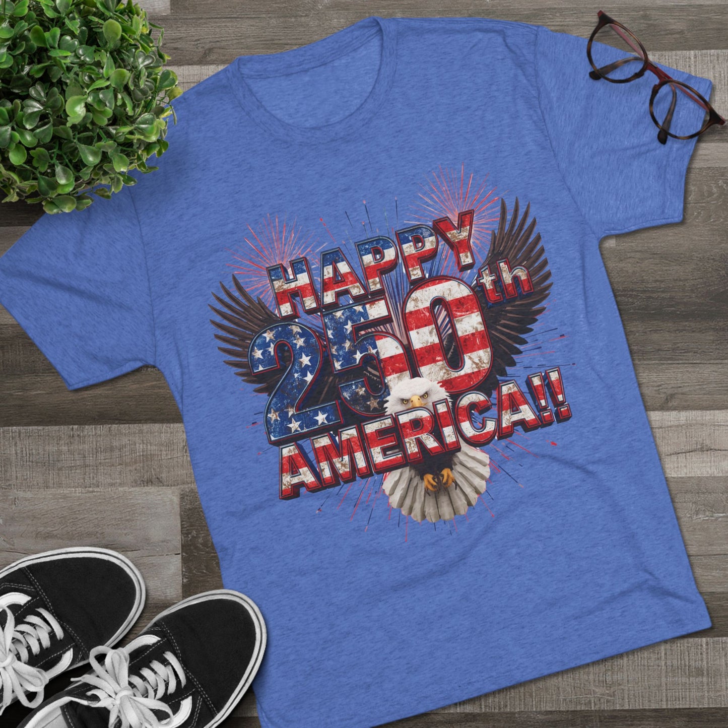 Happy 250th America T-Shirt | Patriotic Eagle Fireworks Tri-Blend Tee | July 4th 2026