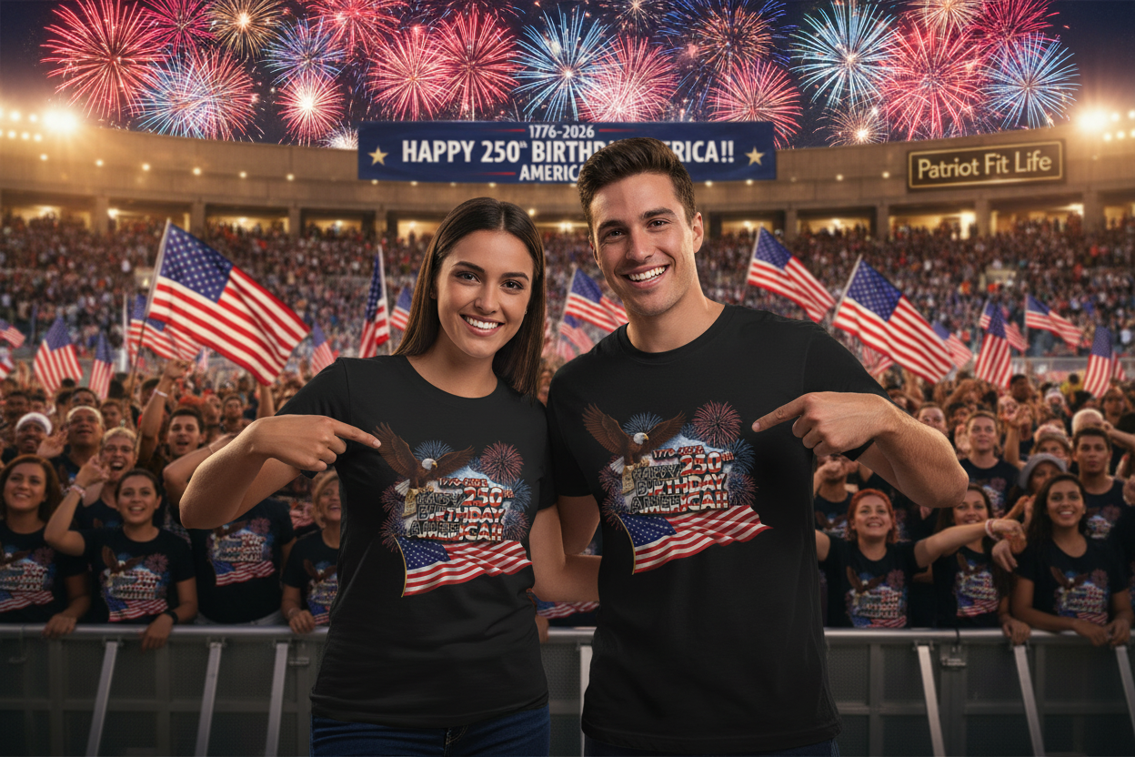 Two people wearing matching black t-shirts with a Happy 250th Birthday, America!! celebration design, pointing at it, with fireworks and American flags in the background.
