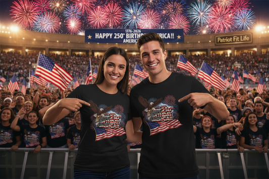 Two people wearing matching black t-shirts with a Happy 250th Birthday, America!! celebration design, pointing at it, with fireworks and American flags in the background.