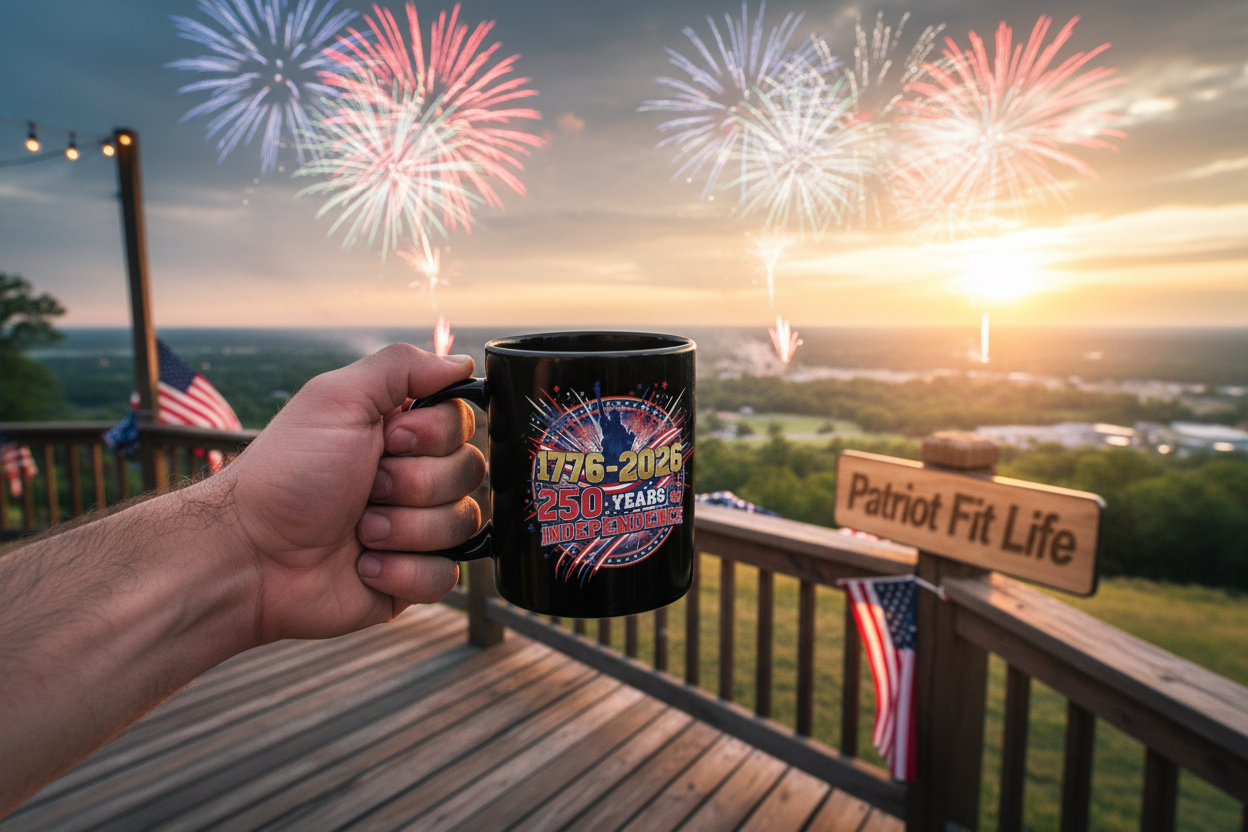 250 Years of Independence Mug 1776-2026 — Patriotic Black Coffee Mug with Fireworks & Statue of Liberty