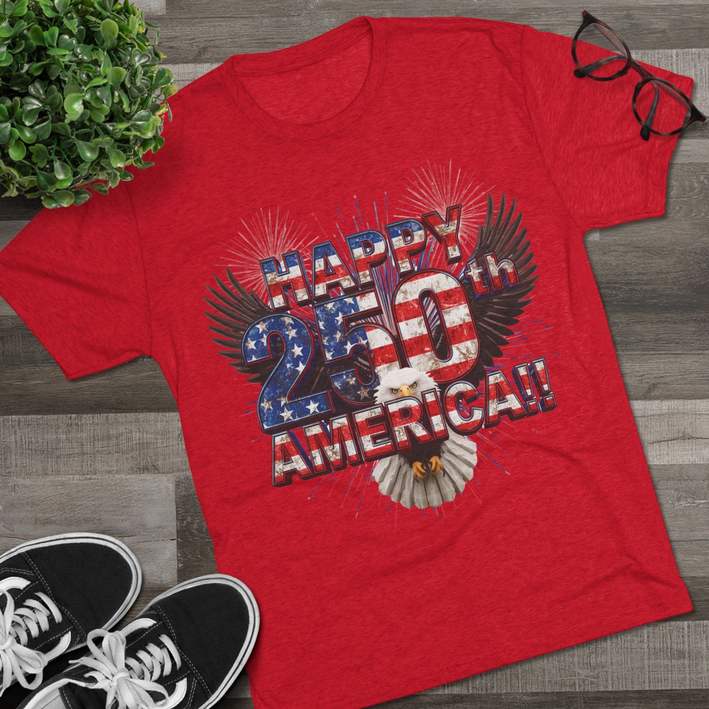 Happy 250th America T-Shirt | Patriotic Eagle Fireworks Tri-Blend Tee | July 4th 2026