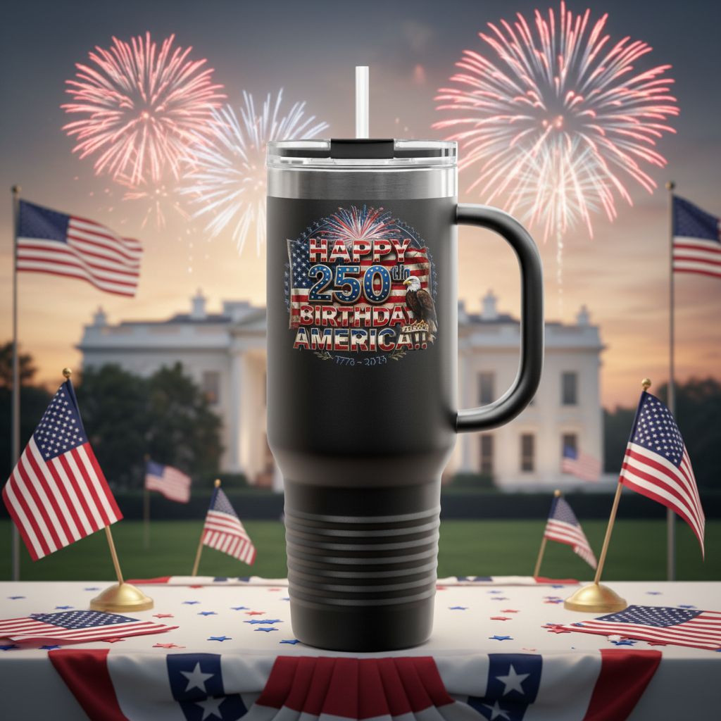 Happy 250th Birthday America Tumbler | 40oz Insulated Travel Mug | 6 Colors | 1776-2026