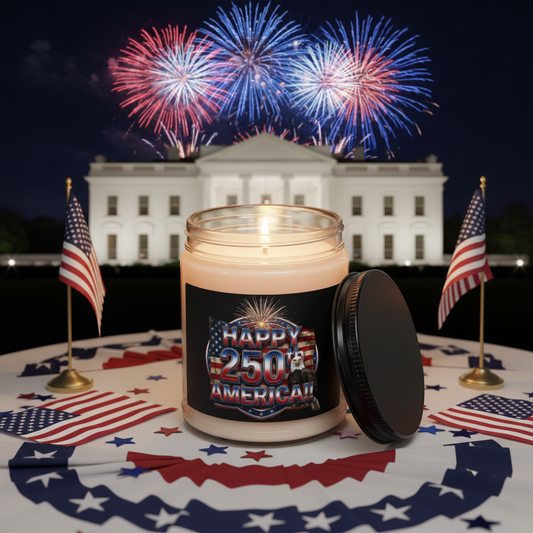 Candle with 'Happy 250th America!' label in front of fireworks over the White House, with American flags on either side.