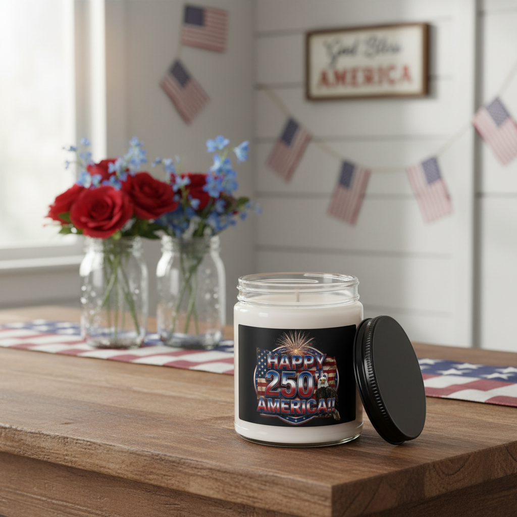 Candle with 'Happy 250th America!!' label on a wooden surface with patriotic decorative elements.