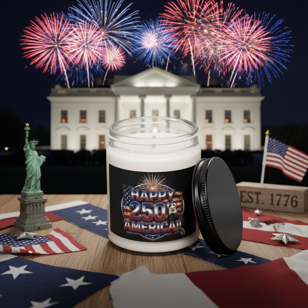 A candle with the label 'Happy 250th America!!' in front of fireworks and the White House.