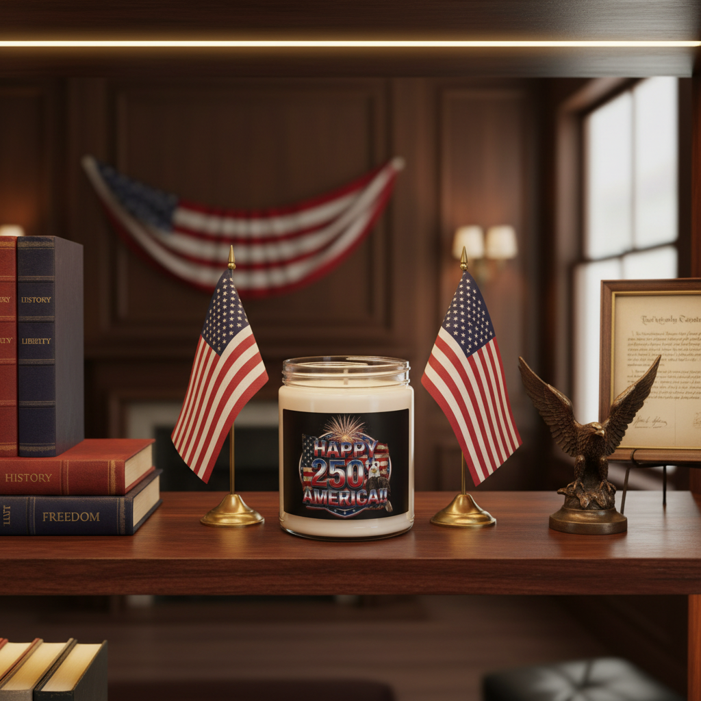 Candle with 'Happy 250th America!!' text on a wooden surface with American flags and books.