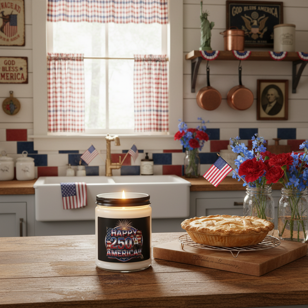 Candle with 'Happy 250th America!!' label on a wooden table in a patriotic kitchen setting.