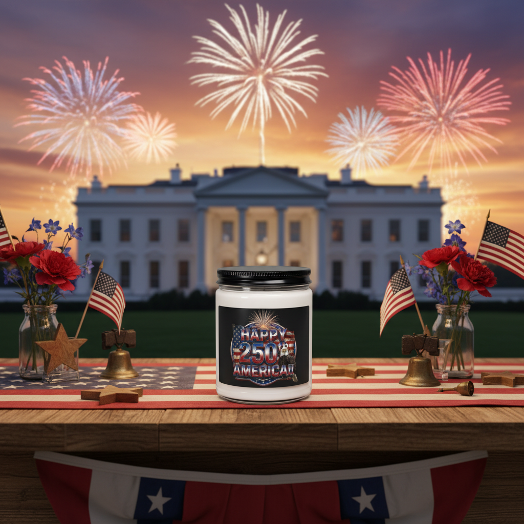 Candle with 'Happy 250th American' text in front of fireworks and the White House.