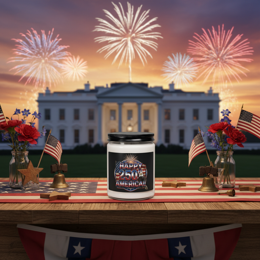 Candle with 'Happy 250th American' text in front of fireworks and the White House.