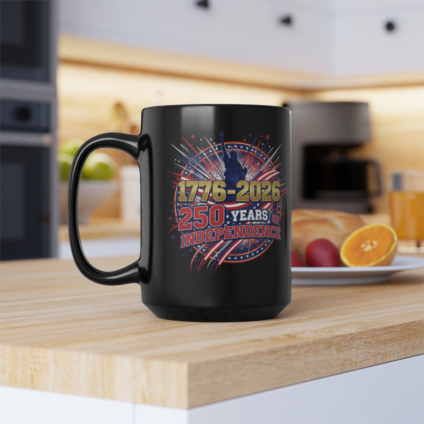 250 Years of Independence Mug 1776-2026 — Patriotic Black Coffee Mug with Fireworks & Statue of Liberty