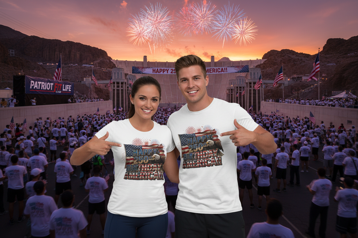 Two people in white t-shirts with American flag designs pointing at themselves against a backdrop of fireworks and a crowd.