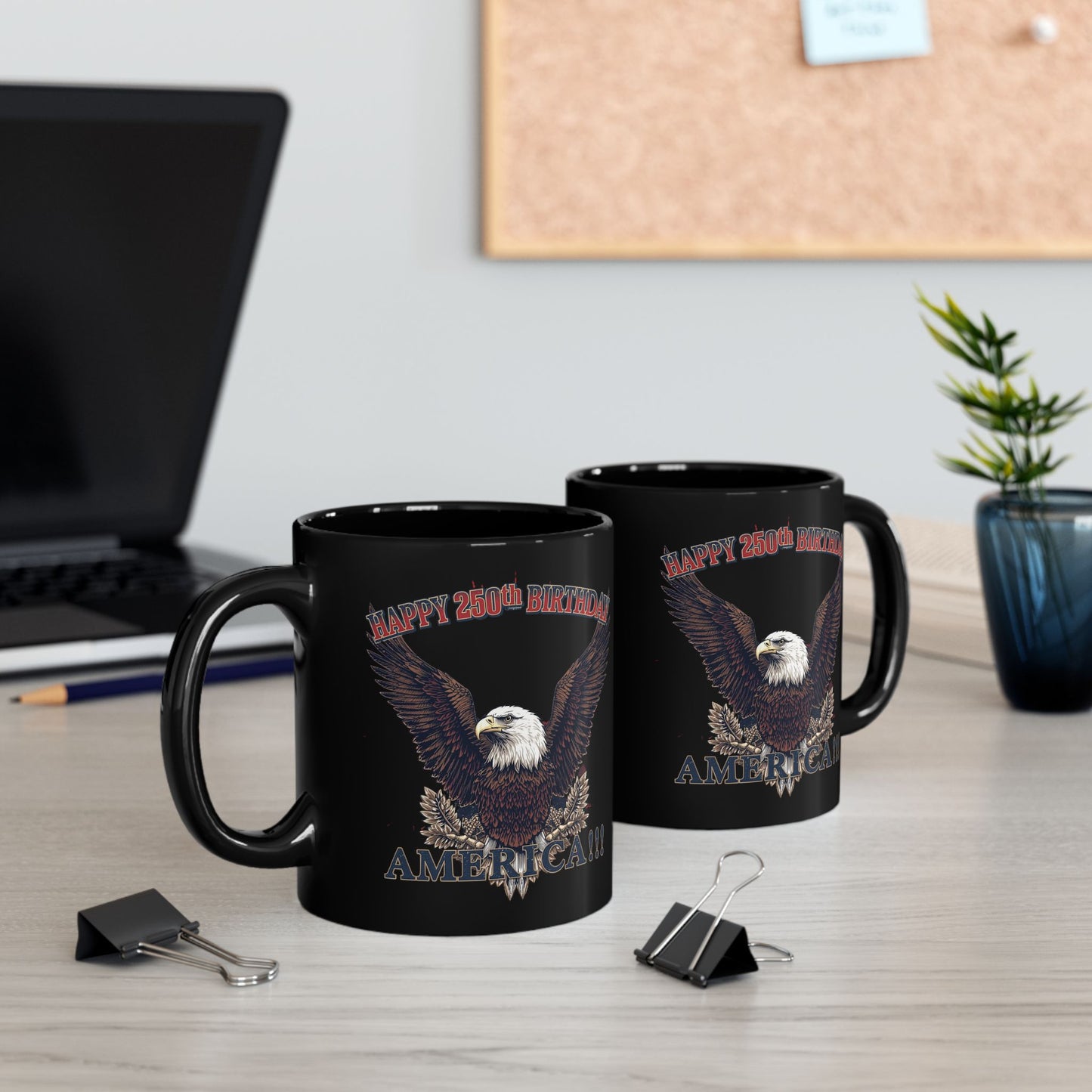 Happy 250th Birthday America Black Mug | Patriotic Eagle Coffee Cup