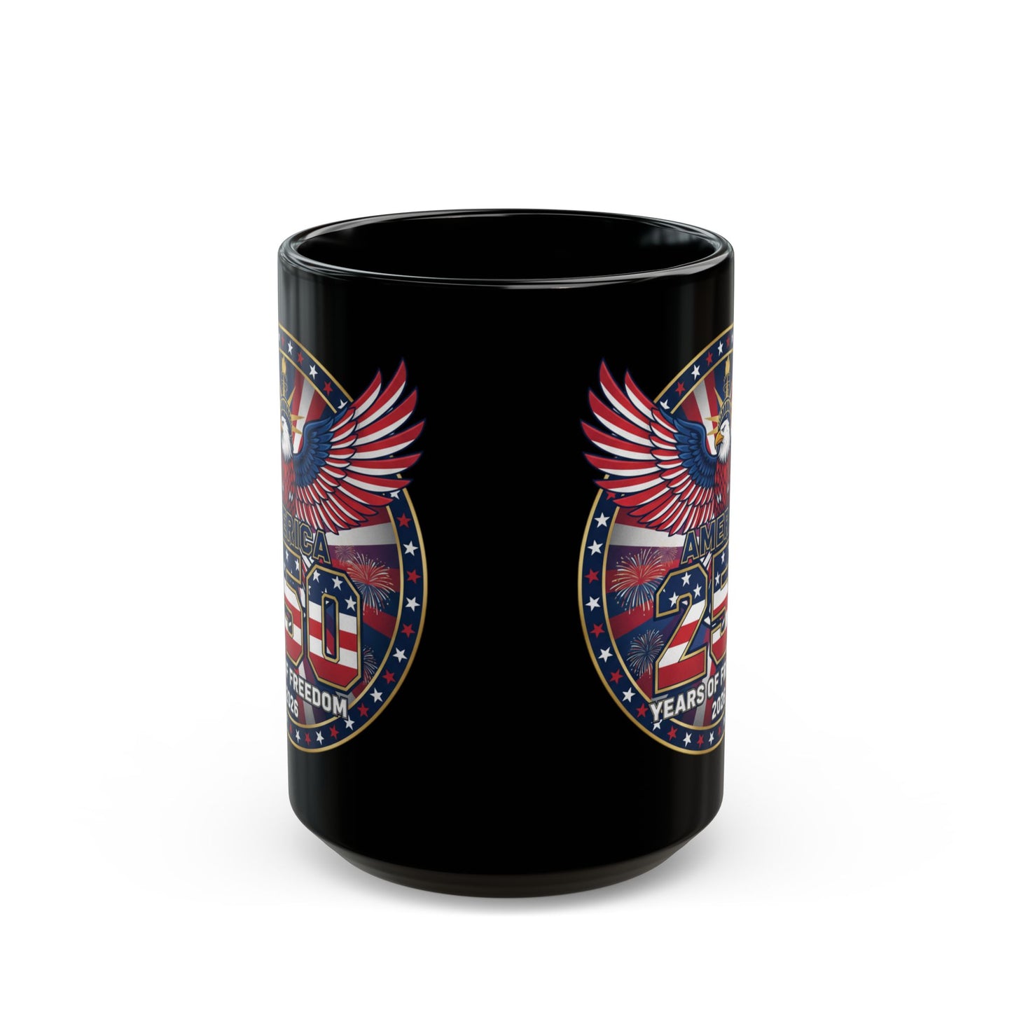 250 Years of Freedom Black Mug with Eagle — Patriotic 11oz/15oz Coffee Cup for America's 250th Anniversary