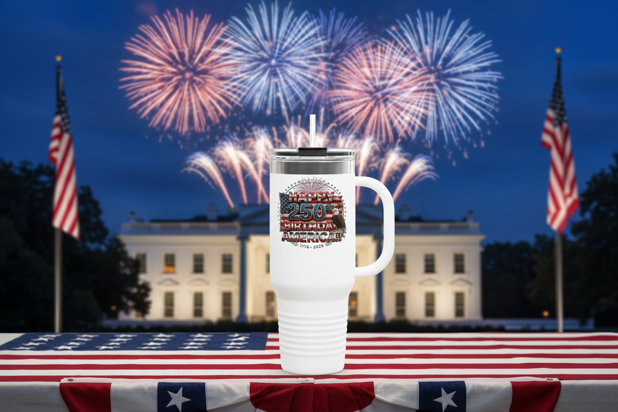 Happy 250th Birthday America Tumbler | 40oz Insulated Travel Mug | 6 Colors | 1776-2026