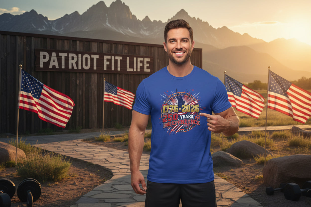 Blue t-shirt with 1776-2026 250 Years Independence design.
