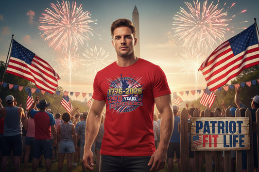 Man in a 1776-2026 250 Years Of Independence red t-shirt with a patriotic design standing in front of fireworks and American flags.
