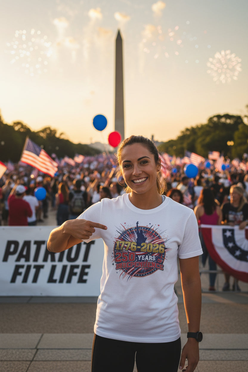 A woman in a 1776-2026 250 Years Of Independence white t-shirt pointing at the text design with fireworks and the Washington Monument in the background.