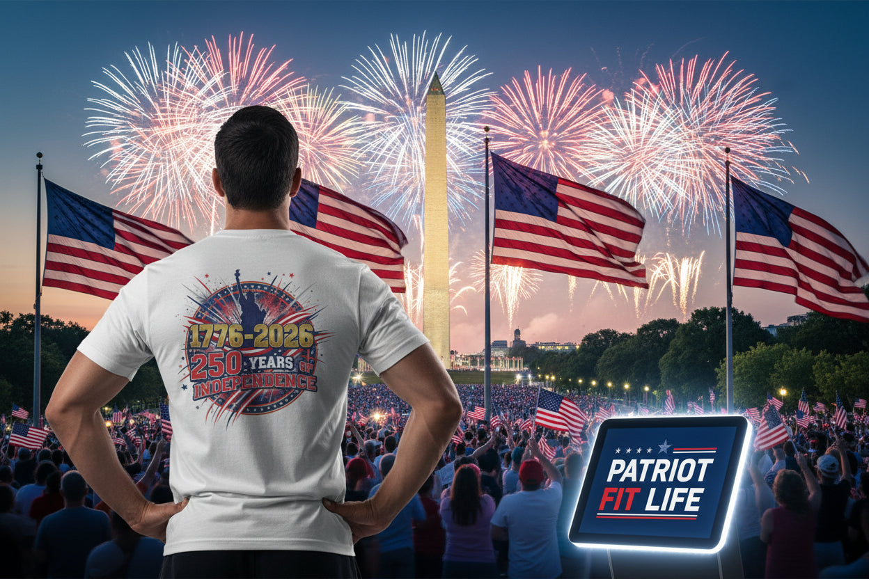 A man wearing a 1776-2026 250 Years Of Independence t-shirt with fireworks and American flags in the background.
