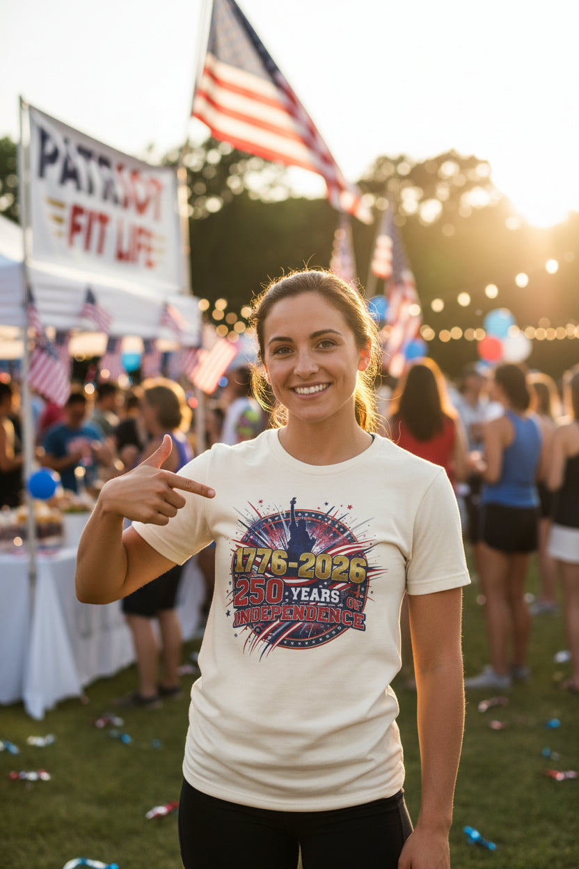 A woman wearing a 1776-2026 250 Years Of Independence t-shirt with a patriotic design at an outdoor event with American flags and banners.
