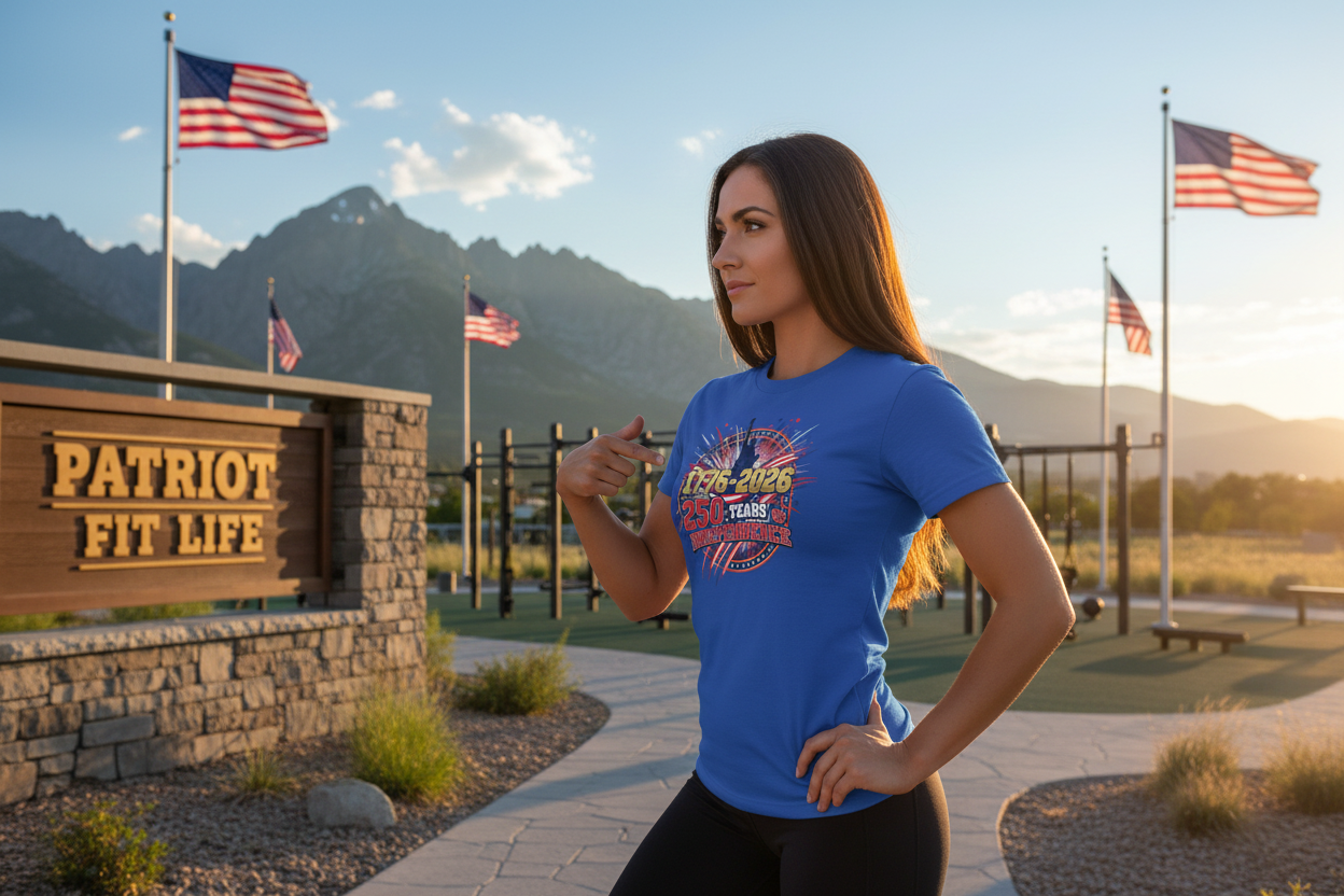 Woman in a 250 Years Of Independence blue t-shirt standing in front of a 'Patriot Fit Life' sign with mountains in the background.