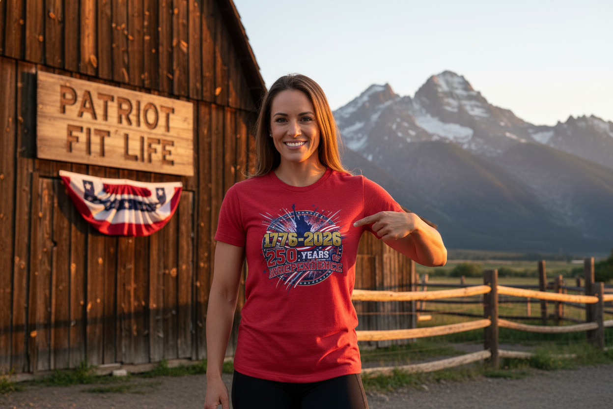 Red t-shirt with 1776-2026 250 Years Of Independence design.