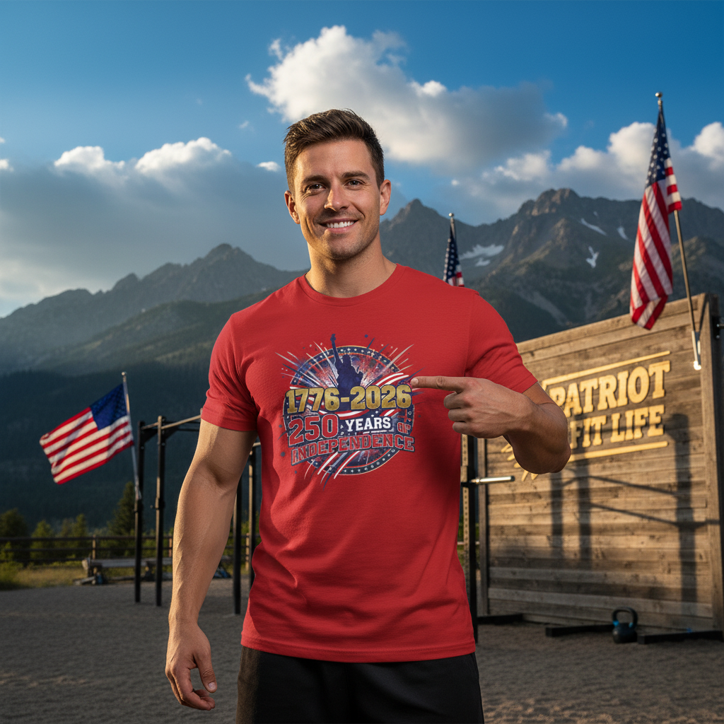 Man wearing a 250 Years Of Independence red t-shirt with a patriotic design, standing in front of mountains and American flags.