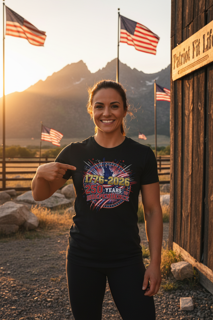 Black t-shirt with 1776-2026 250 Years Independence design.
