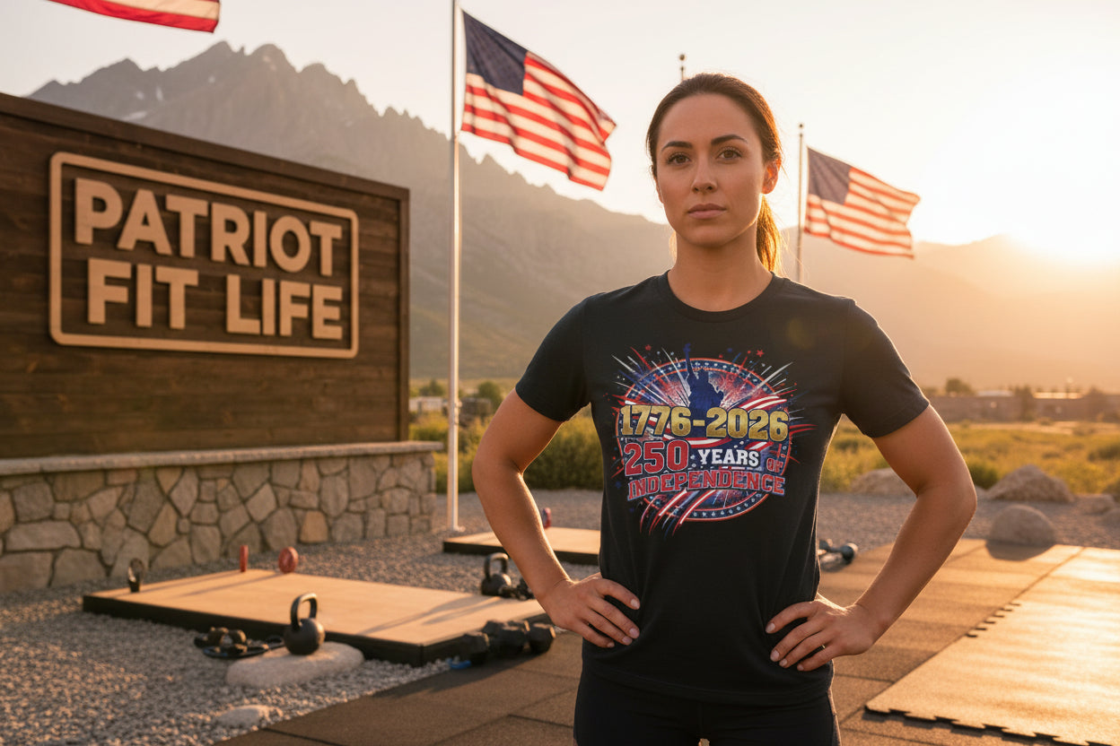 A woman wearing a black t-shirt with a 1776-2026 250 Years Of Independence text design, standing in front of a 'Patriot Fit Life' sign with mountains and American flags in the background.