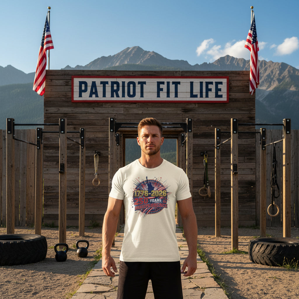 A man wearing a beige t-shirt with a 1776-2026 250 Years of Independence text graphic design.