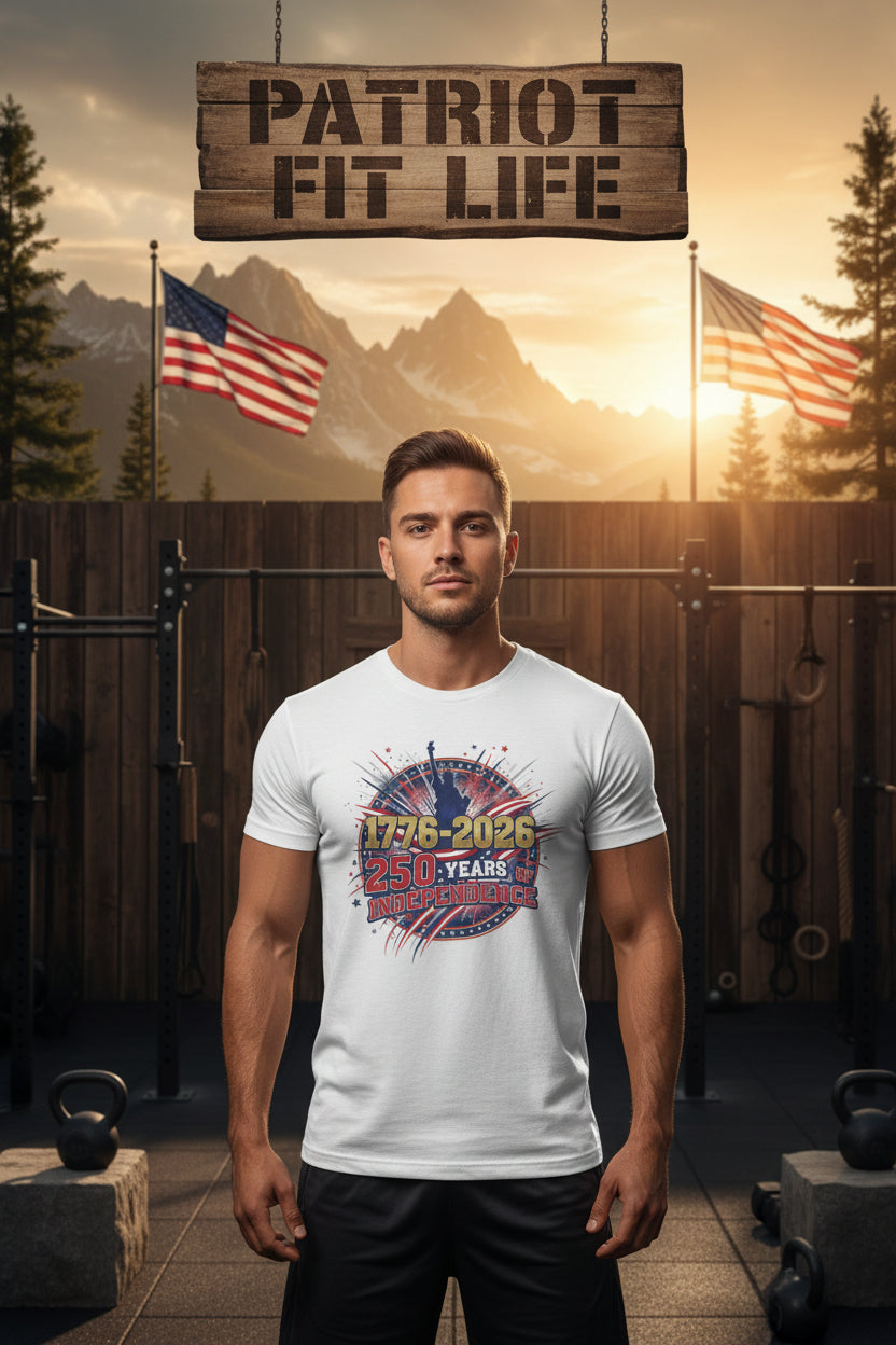 Man wearing a 1776-2026 250 Years Of Independence white t-shirt with a graphic design in an outdoor gym setting with a 'Patriot Fit Life' sign and American flags.
