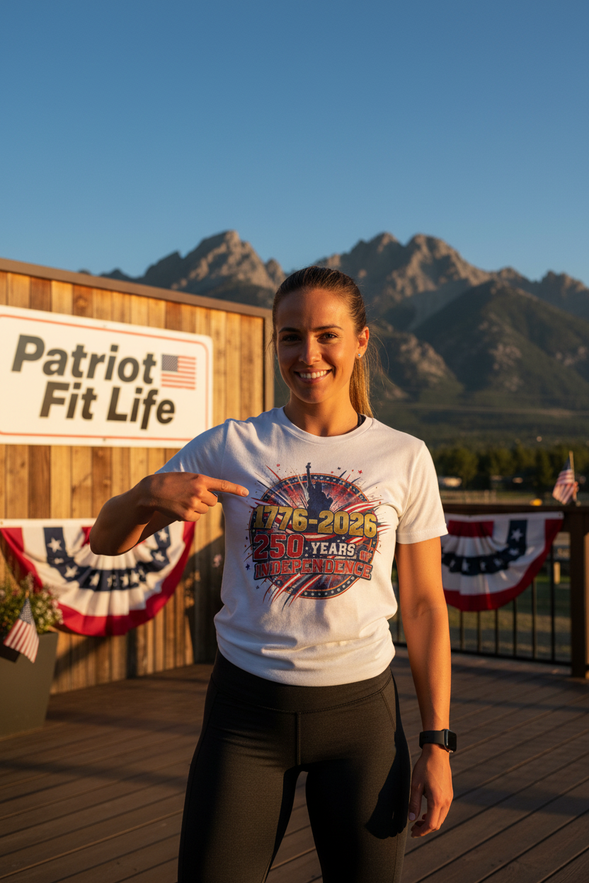 Woman wearing a 250 Years Of Independence t-shirt with a Patriot Fit Life sign and mountains in the background.