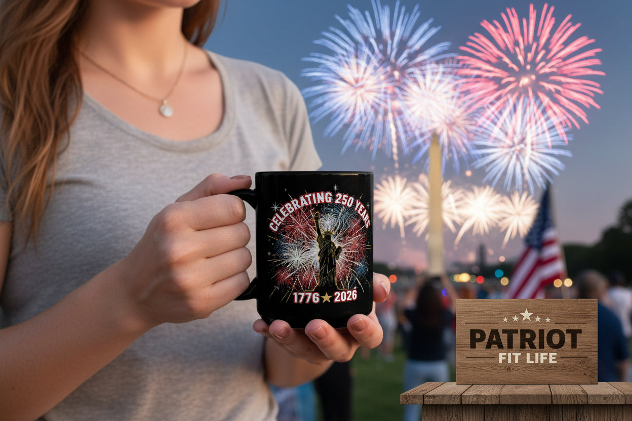 A woman is holding a Celebrating 250 Years 1776-2026 black mug with fireworks and text, with a wooden Patriot Fit Life sign and fireworks and an American flag in the background.