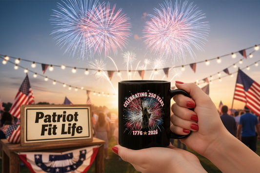 A woman holding a Celebrating 250 Years 1776-2026 black mug with fireworks and text, with a festive outdoor setting and fireworks in the background.