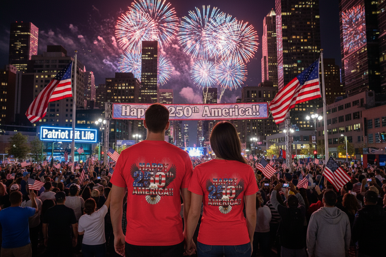 Two people wearing red t-shirts with 'Happy 250th America!' text in a cityscape with fireworks.