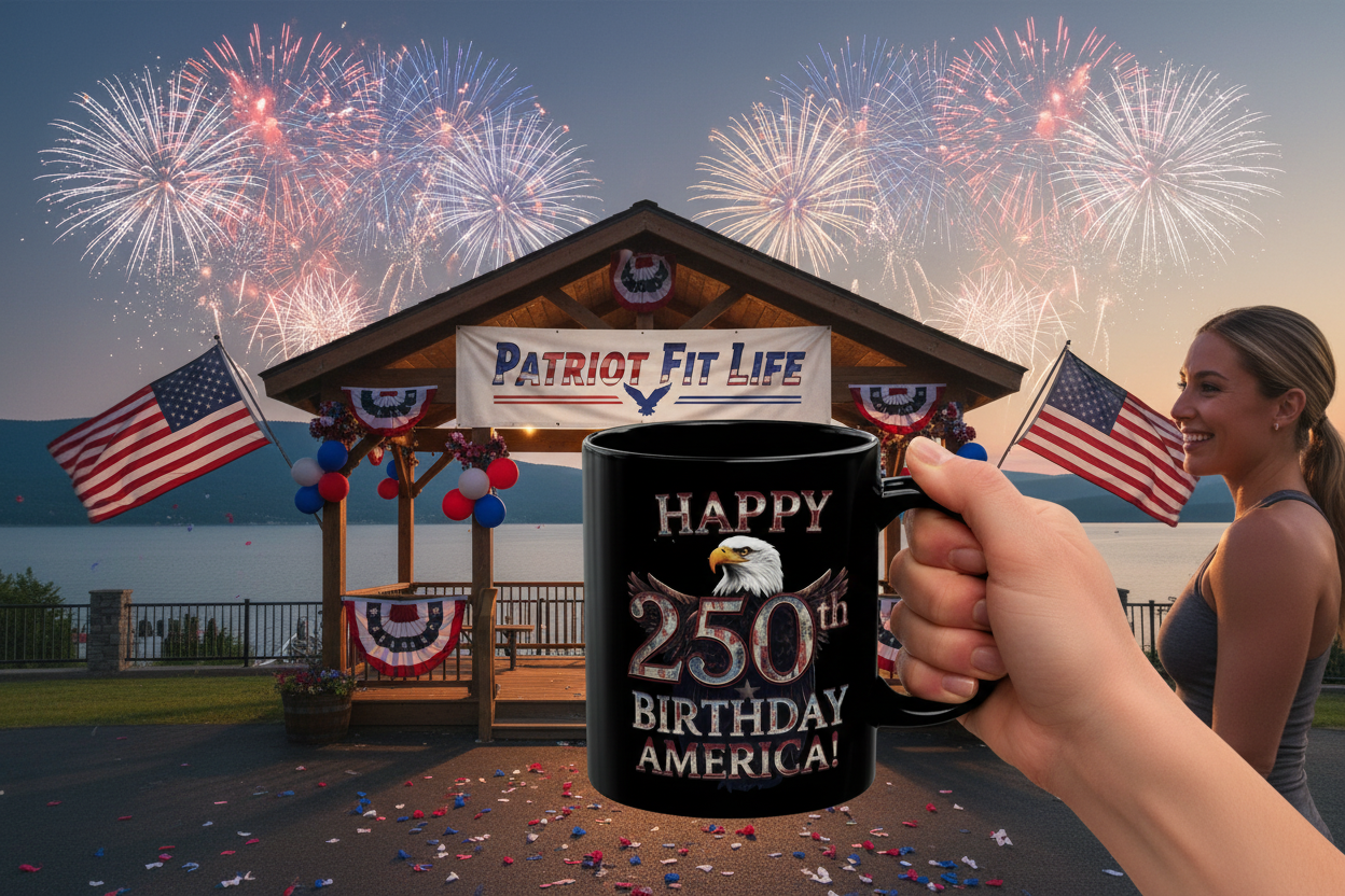 Person holding a mug with 'Happy 250th Birthday America!' text in front of a patriotic gazebo with fireworks in the background.