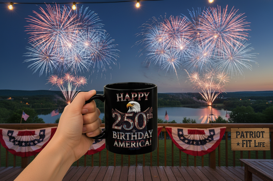 Person holding a mug with 'Happy 250th Birthday America!' text against a backdrop of fireworks and a lake.