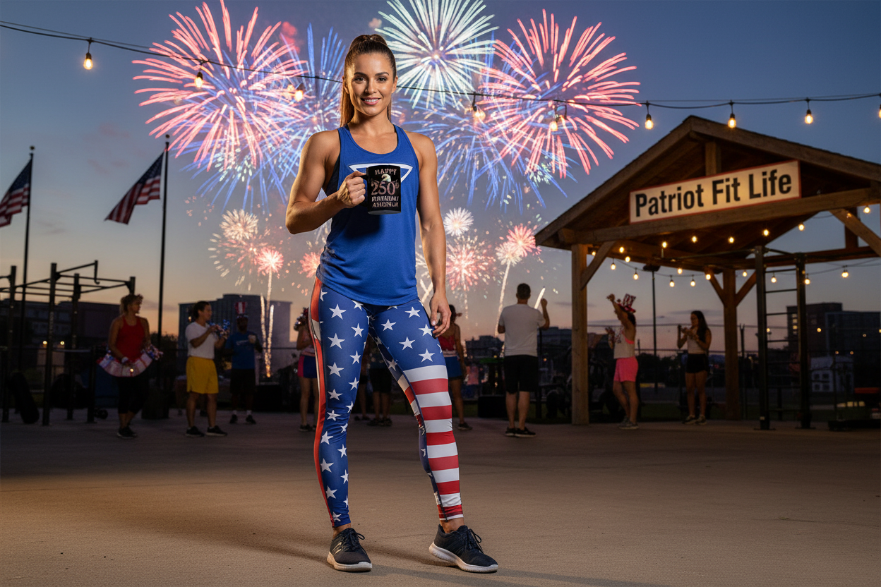 Woman in patriotic leggings holding a mug with fireworks and 'Patriot Fit Life' sign in the background