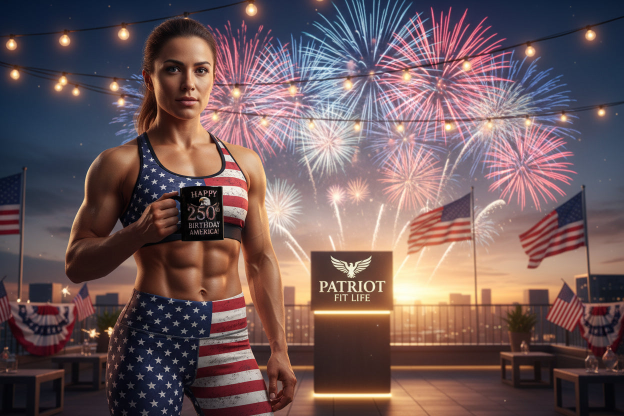 Woman in fitness wear with American flag design against a backdrop of fireworks and Patriot Fit Life branding.