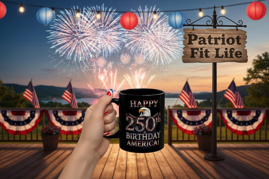 Hand holding a mug with 'Happy 250th Birthday America' text against a patriotic background with flags and fireworks.